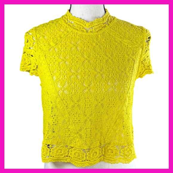 Forever 21 Tops - Forever 21 Lace Top, Mock Neck, Short Sleeve, Yellow Blouse, Size Small NWT‎
